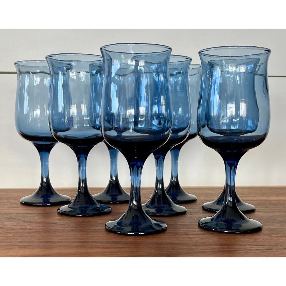Water Goblet Tulip Dusky Blue by Libbey Glass Company Discontinued 1974-Set of 8